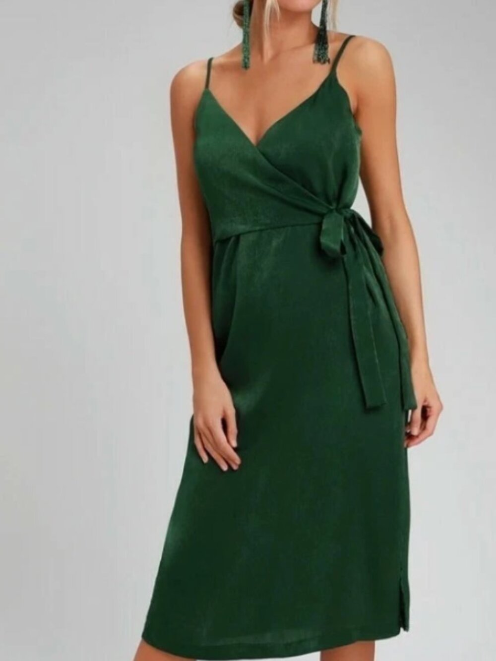 J.O.A Forest Green Satin Midi Wrap Dress Size L